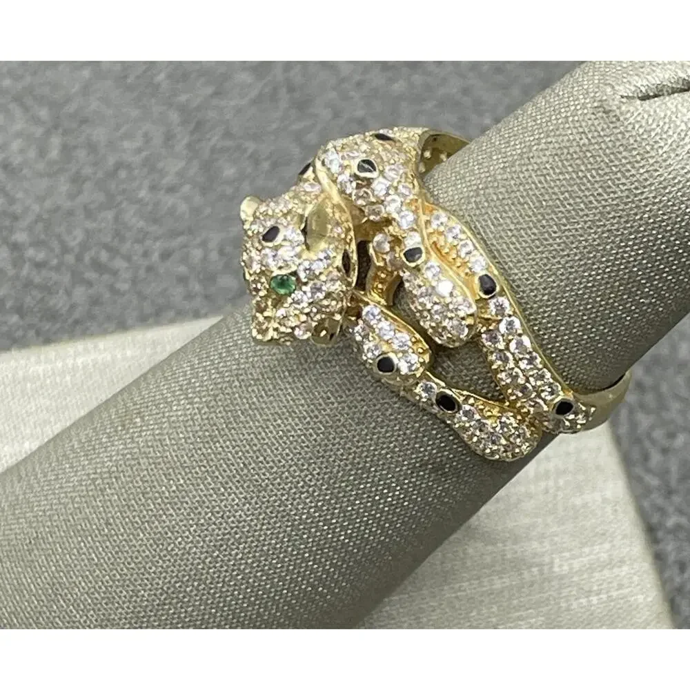 14K Yellow Gold Leopard Ring W/ Green Eyes W/ White Stones, Black spots (22072)
